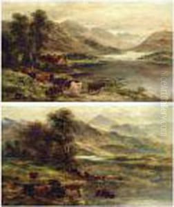 Highland Cattle At The Water Edge, Mountains In Distance Cottage On The Bank by William Langley