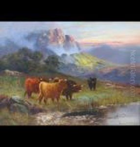 Highland Cattle Watering, Mountains In The Distance by William Langley