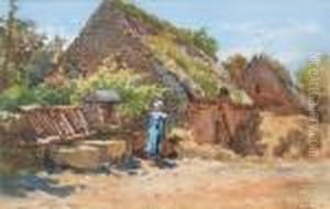 Farmyard In Brittany; View In Brittany by William Langley