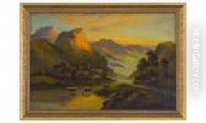 Highland Cattle/river At Sunset by William Langley