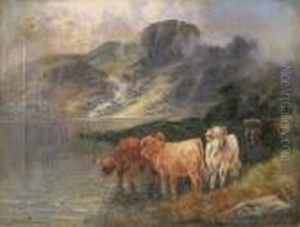 Highland Cattle By A Loch - Signed by William Langley