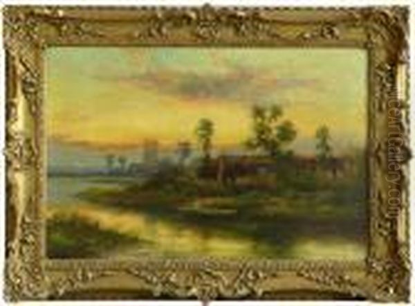 Englische Fluslandschaft Mit Dorf Und Kirche - view 1