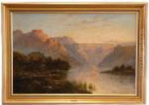 A Mountain Lake At Sunset, Signed by William Langley