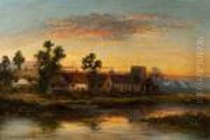 A Village Scene At Sunset With Lake In The Foreground And Parishchurch