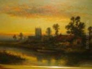 River Scene At Sunset by William Langley