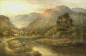 Evening Sunlight,angler In A Mountain Landscape by William Langley
