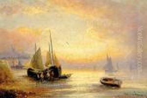Sunset Fishermen Lagging Ashore by William Langley