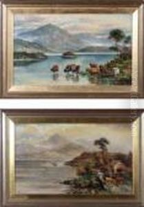 Highland Loch Scenes With Cattle At The Shore by William Langley