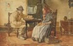Watercolour Words Of Comfort -
Woman Shelling Peas And Her Husband Reading From A Bible Signed 12.25" X
19" by William Langley