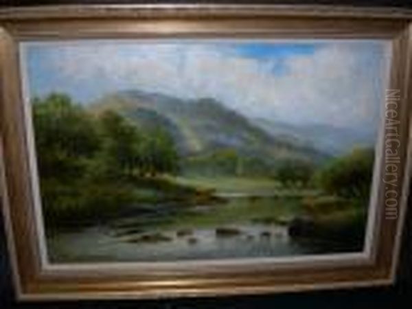 Cattle Watering Ina Highland River Landscape - view 1