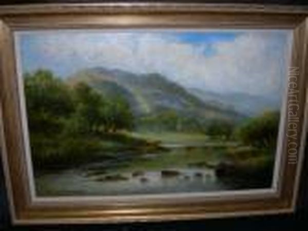 Cattle Watering In A Highland 
Riverlandscape Oil On Canvas Signed Lower Left 39.5cm X 60cm - view 1