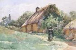 Watercolour Figure Before Cottages