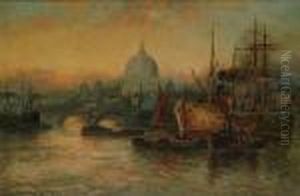 A Busy Thames Scene With St Paul's Beyond; And Shipping On The Thames by William Langley