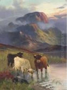 Cattle Watering, Sunset by William Langley
