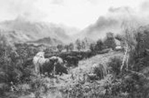 ````in The Vale Of Aberfoyle' 
Highland Landscape With Cattle And Croft In The Foreground, Signed Oil 
On Canvas