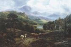 ````at Tarbert Loch Lomond' 
Highland Landscape With Mounted Drover Cattle And Farmstead, Signed Oil 
On Canvas
