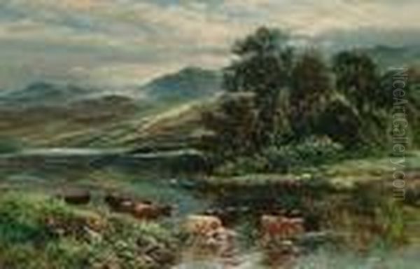 Loch Landscape With Highland Cattle Watering In The Foreground - view 1