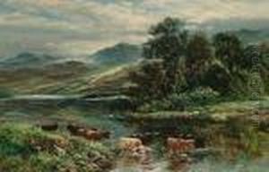 Loch Landscape With Highland Cattle Watering In The Foreground by William Langley