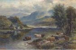 Highland Cattle Watering At A Loch by William Langley