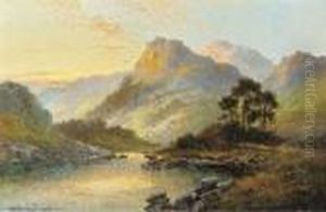 Cattle Watering At Dusk In A Highland Landscape by William Langley