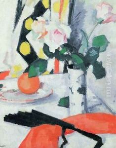 Still Life Roses in a Chinese Vase with Black Fan, 1924 by Samuel John Peploe