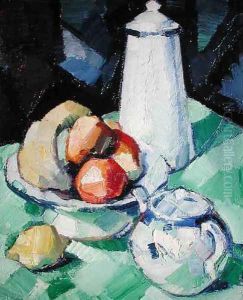 Still Life with Teapot and Fruit on a green Tablecloth, c.1913 by Samuel John Peploe