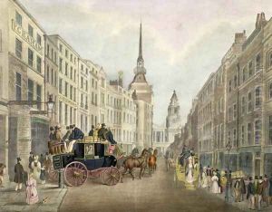 The Cambridge Coach Leaving Belle Sauvage Yard, Ludgate Hill by James Pollard