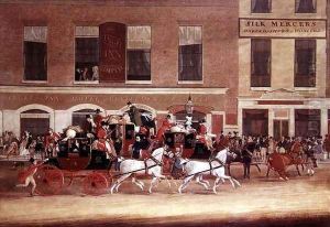 Royal Mail Coaches leaving the Angel Inn, 1827 by James Pollard