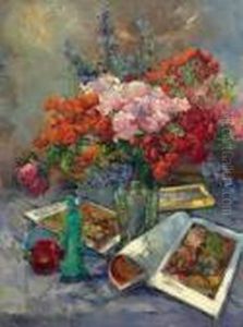 Still Life With Roses And Chinese Figure by Georges Lapchine