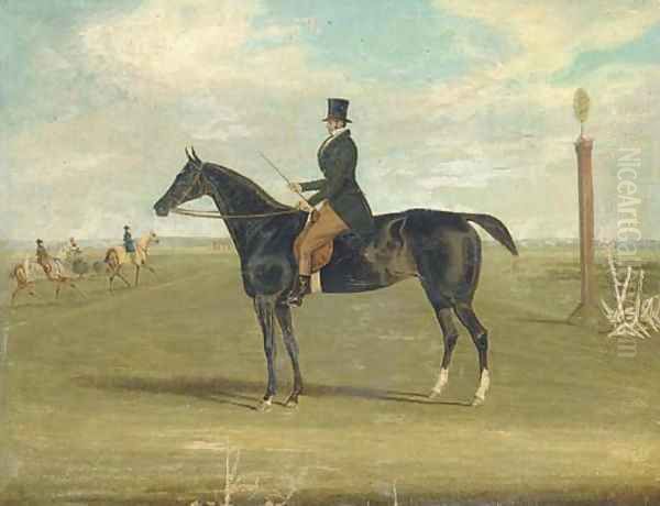 A black racehorse with a trainer up, with horses being exercised beyond - view 1