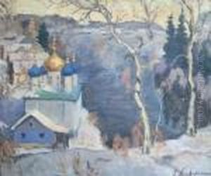 Village Russe Sous La Neige Au Bor D'un Lac