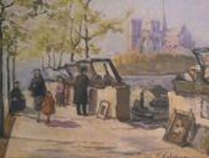 Les Bouquinistes Sur Les Bords De Seine by Georges Lapchine