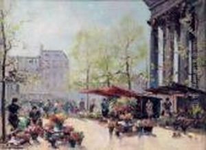Le Marche Aux Fleurs, Place De La Madeleine by Georges Lapchine