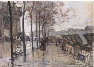 Les Bouquinistes Sur Les Bords De La Seine by Georges Lapchine