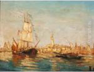 Boats On An Italian River by Georges Lapchine