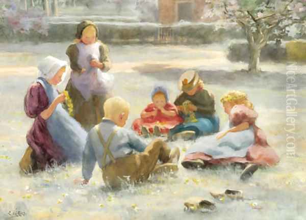 Children plaiting flower crowns in a summer meadow - view 1