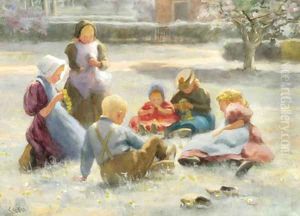 Children plaiting flower crowns in a summer meadow by Evert Pieters