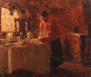 Woman in a Dutch interior setting the table by Evert Pieters
