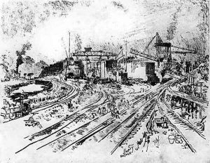 Building Miraflores Lock, plate XXI from The Panama Canal by Joseph Pennell, 1912 by Joseph Pennell