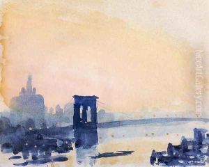 Brooklyn Bridge, Lighting Up by Joseph Pennell