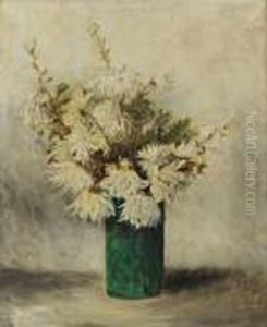 Bouquet De Chrysanthemes Dans Un Vase En Verre Vert by Pierre Laprade