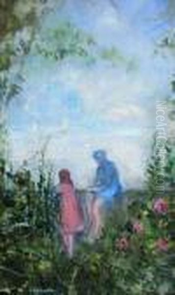 Deux Fillettes Dans Un Jardin Au Bord De L'eau - view 1