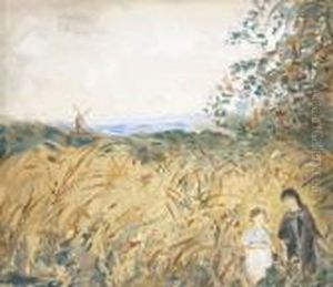 Kinder In Landschaft Mit Windmuhle Kinder In Landschaft Mit Windmuhle