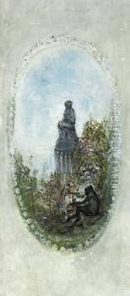 A Monkey Picking Fruit Before A Classical Statue - view 1