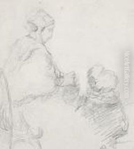 Femme Assise Avec Enfant. Bleistiftskizze