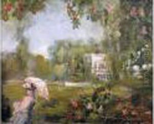 Jeune Femme A L'ombrelle Dans Un Jardin
