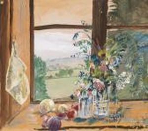 Still Life With Flowers And Fruits Before A Window by Oskar Laske