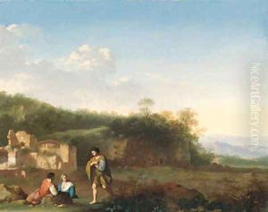 An Italianate landscape with peasants resting in the foreground, a ruined villa beyond by Cornelis Van Poelenburgh