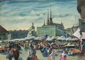 A Busy Market Scene In Brunn by Oskar Laske