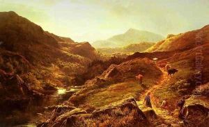 Moel Siabod from Glyn Lledr, with Figures and Cattle on a Riverside Path by Sidney Richard Percy